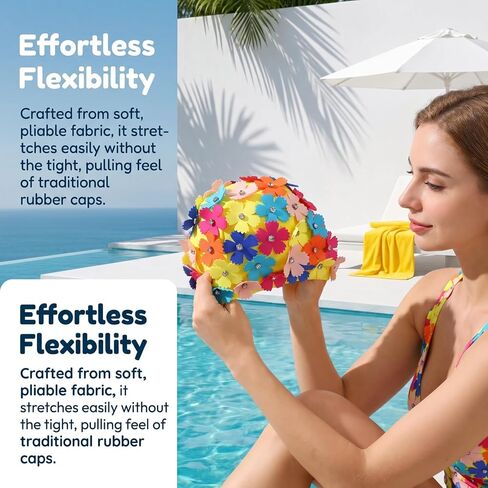 DECHOUS Women Flower Swim Cap, Retro Fabric Swimming Hat with Floral Petals and Rhinestone, Bathing Cap for Women Long/Short Hair, Outdoor Pool Beach Spa in Kuwait