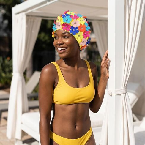 DECHOUS Women Flower Swim Cap, Retro Fabric Swimming Hat with Floral Petals and Rhinestone, Bathing Cap for Women Long/Short Hair, Outdoor Pool Beach Spa in Kuwait