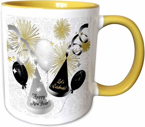 3dRose Happy New Year Black, White and Gold Not Year Specific 11oz Two-Tone Black Mug in Kuwait