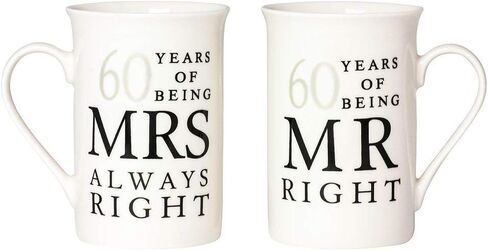 مجموعة هدايا الكوب الخزفي باللون الأبيض العاجي للذكرى الستين للسيد Right & Mrs Always Right من Happy Homewares in Kuwait