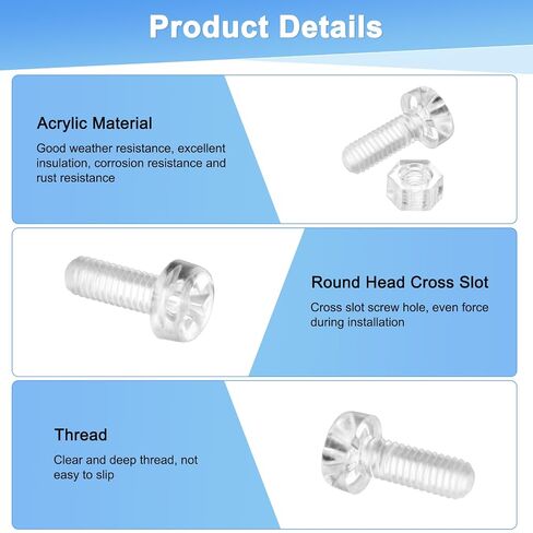 M METERXITY 30-Set Clear Transparent Screws and Hex Nuts Kit, M3x8mm Acrylic Plastic Cross-recessed Round Head Screws for Machine Accessories/DIY Equipment/Model, Hand Tighten Bolts in Kuwait