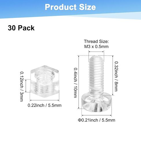 M METERXITY 30-Set Clear Transparent Screws and Hex Nuts Kit, M3x8mm Acrylic Plastic Cross-recessed Round Head Screws for Machine Accessories/DIY Equipment/Model, Hand Tighten Bolts in Kuwait
