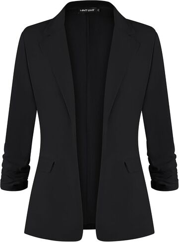 MINTLIMIT Shoulder Pad Blazer for Women Ruched 3/4 Sleeve Open Front Blazers Work Notch Lapel Jacket with Pockets in Saudi Arabia