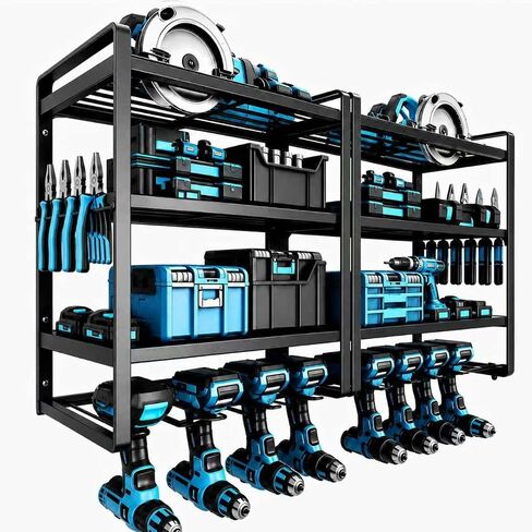 PONO 40''W Large Power Tool Organizer Wall Mount with 8 Screwdriver Holder, 2 Pack Heavy Duty Tool Storage Rack for Workshop Drill Rack, 4-Tier Utility Shelf for Home Garage Organization, Black in Kuwait
