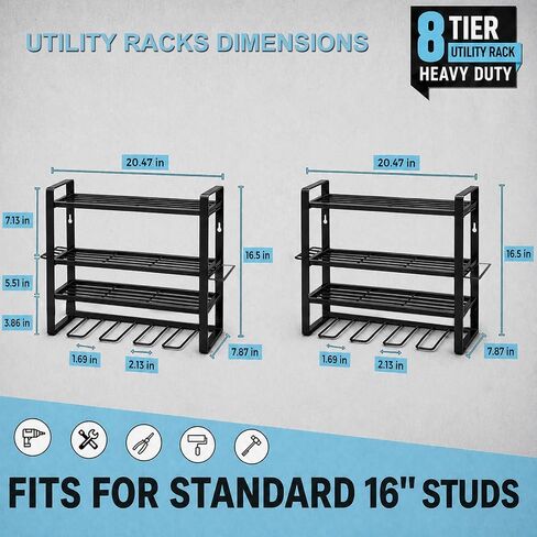 PONO 40''W Large Power Tool Organizer Wall Mount with 8 Screwdriver Holder, 2 Pack Heavy Duty Tool Storage Rack for Workshop Drill Rack, 4-Tier Utility Shelf for Home Garage Organization, Black in Kuwait