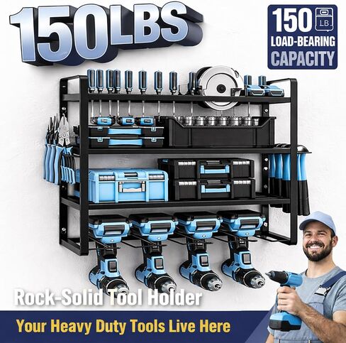 PONO 40''W Large Power Tool Organizer Wall Mount with 8 Screwdriver Holder, 2 Pack Heavy Duty Tool Storage Rack for Workshop Drill Rack, 4-Tier Utility Shelf for Home Garage Organization, Black in Kuwait