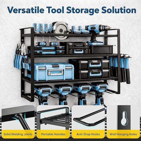 PONO 40''W Large Power Tool Organizer Wall Mount with 8 Screwdriver Holder, 2 Pack Heavy Duty Tool Storage Rack for Workshop Drill Rack, 4-Tier Utility Shelf for Home Garage Organization, Black in Kuwait