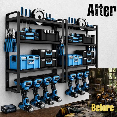 PONO 40''W Large Power Tool Organizer Wall Mount with 8 Screwdriver Holder, 2 Pack Heavy Duty Tool Storage Rack for Workshop Drill Rack, 4-Tier Utility Shelf for Home Garage Organization, Black in Kuwait