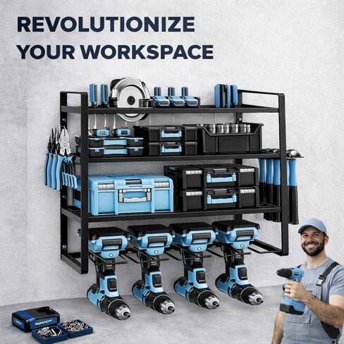 PONO 40''W Large Power Tool Organizer Wall Mount with 8 Screwdriver Holder, 2 Pack Heavy Duty Tool Storage Rack for Workshop Drill Rack, 4-Tier Utility Shelf for Home Garage Organization, Black in Kuwait