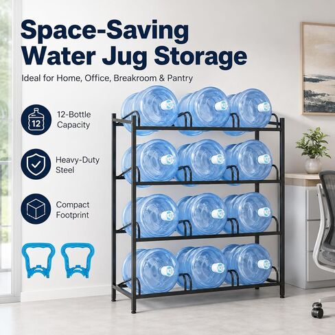 5 Gallon Water Dispenser Jug Holder, | Holder Heavy Duty Water Cooler Jug Rack with 2 Carry Handles, 4 Tier Water Storage Rack with 12 Slots for Gallon Jugs in Kuwait