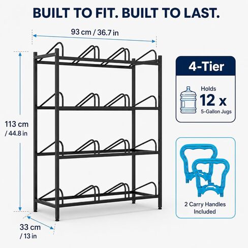 5 Gallon Water Dispenser Jug Holder, | Holder Heavy Duty Water Cooler Jug Rack with 2 Carry Handles, 4 Tier Water Storage Rack with 12 Slots for Gallon Jugs in Kuwait