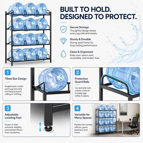 5 Gallon Water Dispenser Jug Holder, | Holder Heavy Duty Water Cooler Jug Rack with 2 Carry Handles, 4 Tier Water Storage Rack with 12 Slots for Gallon Jugs in Kuwait