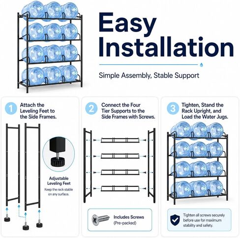 5 Gallon Water Dispenser Jug Holder, | Holder Heavy Duty Water Cooler Jug Rack with 2 Carry Handles, 4 Tier Water Storage Rack with 12 Slots for Gallon Jugs in Kuwait