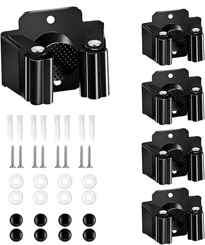 Broom Holder Wall Mount, 4PCS Broom Hanger Wall Mount, Stainless Steel Heavy Duty Mop Holder Broom Mop Hanger Wall with Screws, Garden Outdoor Tool Organizer Rack Broom Hanger (Black) in Kuwait