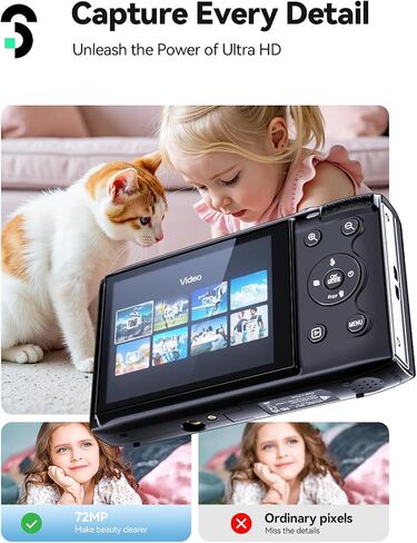 كاميرا Soomfon Digital - MAX 72MP Point و SHOOT Kids Cameras مع تكبير 16x وبطاقة TF 32G وبطاريتين وقارئ البطاقات ، الكاميرا الرقمية الوردية المدمجة للأطفال المراهقين للأطفال in Kuwait