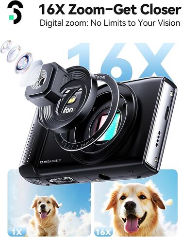 كاميرا Soomfon Digital - MAX 72MP Point و SHOOT Kids Cameras مع تكبير 16x وبطاقة TF 32G وبطاريتين وقارئ البطاقات ، الكاميرا الرقمية الوردية المدمجة للأطفال المراهقين للأطفال in Kuwait