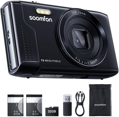 كاميرا Soomfon Digital - MAX 72MP Point و SHOOT Kids Cameras مع تكبير 16x وبطاقة TF 32G وبطاريتين وقارئ البطاقات ، الكاميرا الرقمية الوردية المدمجة للأطفال المراهقين للأطفال in Kuwait