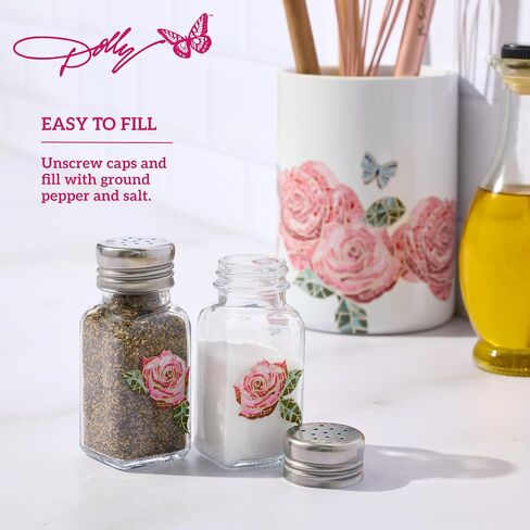 Dolly Parton Glass Salt and Pepper Shakers with Mosaic Rose Design, Easy to Fill, Set of 2, 3 Ounce in Kuwait
