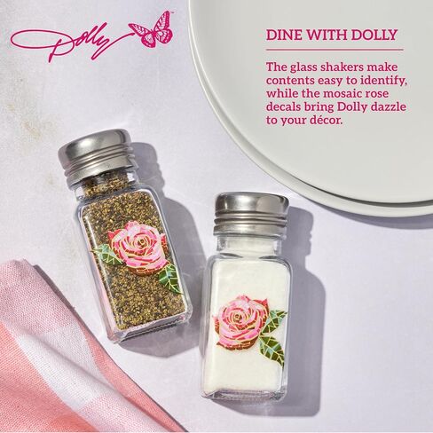 Dolly Parton Glass Salt and Pepper Shakers with Mosaic Rose Design, Easy to Fill, Set of 2, 3 Ounce in Kuwait