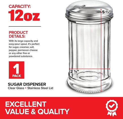 Stock Your Home Glass Sugar Dispenser- Fluted Sugar Pourer with Stainless Steel Self Closing Lid - Crystal Clear Sugar Shaker for Diners, Cafes, Bakeries, Coffee Shops, Restaurants, Kitchens in Kuwait