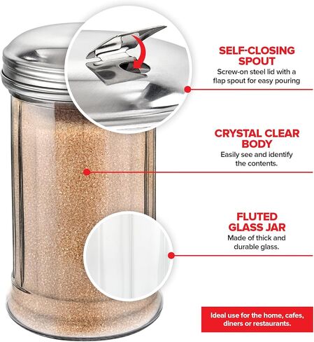 Stock Your Home Glass Sugar Dispenser- Fluted Sugar Pourer with Stainless Steel Self Closing Lid - Crystal Clear Sugar Shaker for Diners, Cafes, Bakeries, Coffee Shops, Restaurants, Kitchens in Kuwait