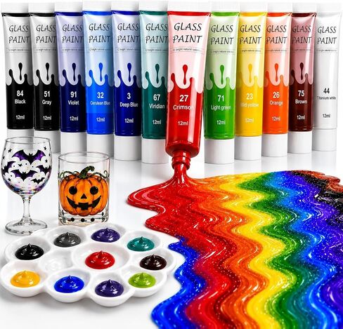 EZ-U Glass Paints for Glass Painting, 12 Color Stained Ceramic Paints Set, Non Toxic Enamel Paints, Quick Drying Waterproof Painting Art Supplies for Artists Beginners Kids, 0.42 fl.oz in Saudi Arabia