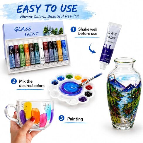 EZ-U Glass Paints for Glass Painting, 12 Color Stained Ceramic Paints Set, Non Toxic Enamel Paints, Quick Drying Waterproof Painting Art Supplies for Artists Beginners Kids, 0.42 fl.oz in Saudi Arabia
