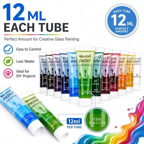 EZ-U Glass Paints for Glass Painting, 12 Color Stained Ceramic Paints Set, Non Toxic Enamel Paints, Quick Drying Waterproof Painting Art Supplies for Artists Beginners Kids, 0.42 fl.oz in Saudi Arabia