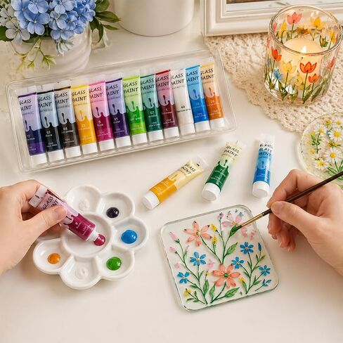 EZ-U Glass Paints for Glass Painting, 12 Color Stained Ceramic Paints Set, Non Toxic Enamel Paints, Quick Drying Waterproof Painting Art Supplies for Artists Beginners Kids, 0.42 fl.oz in Saudi Arabia