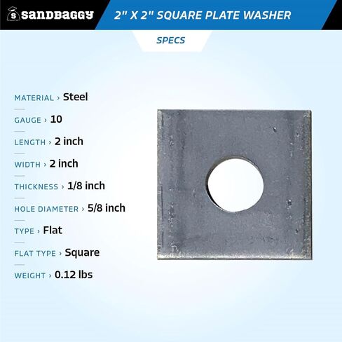 غسالة أطباق مربعة مسطحة مقاس 1/8 بوصة × 2 بوصة × 2 بوصة من Sandbaggy - القطر الداخلي 5/8 بوصة - 10 قياسات من الفولاذ - ألواح تحمل لمسامير وقضبان التثبيت (20، 2 بوصة × 2 بوصة) in Kuwait