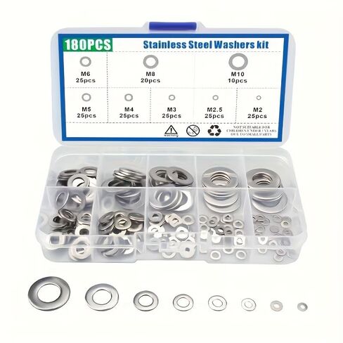 180PCS Stainless Steel Flat Washers Assortment Kit, M2 M2.5 M3 M4 M5 M6 M8 M10 Metric Set – Hardware Fasteners for Home Repair, DIY, Factory & Outdoor Construction in Kuwait