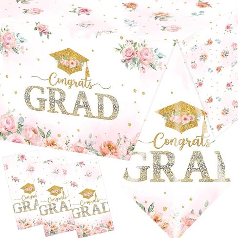 2026 Graduation Decorations,3pcs Floral Graduation Decorations Congrats Grad Tablecloth Rectangle Flower Plastic Graduation Tablecloth for Girl Pastel Floral Grad Party Decorations in Kuwait