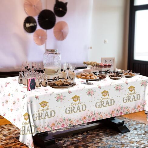 2026 Graduation Decorations,3pcs Floral Graduation Decorations Congrats Grad Tablecloth Rectangle Flower Plastic Graduation Tablecloth for Girl Pastel Floral Grad Party Decorations in Kuwait