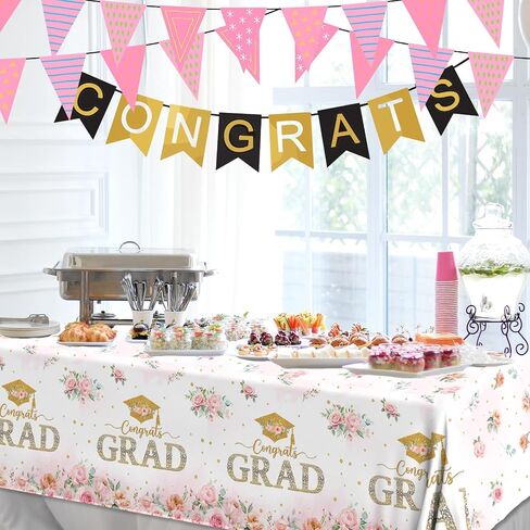 2026 Graduation Decorations,3pcs Floral Graduation Decorations Congrats Grad Tablecloth Rectangle Flower Plastic Graduation Tablecloth for Girl Pastel Floral Grad Party Decorations in Kuwait