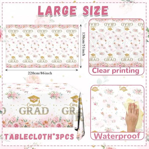 2026 Graduation Decorations,3pcs Floral Graduation Decorations Congrats Grad Tablecloth Rectangle Flower Plastic Graduation Tablecloth for Girl Pastel Floral Grad Party Decorations in Kuwait