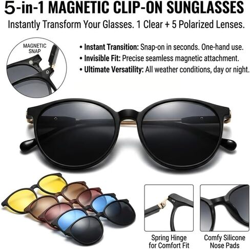 Magnetic 5Pcs Clip-On Sunglasses Set for Men and Women -for Dad Fathers Day gift– Retro Polarized UV Protection Eyewear & Magnetic Eyeglasses Frames for Night Driving & Fishing in Kuwait