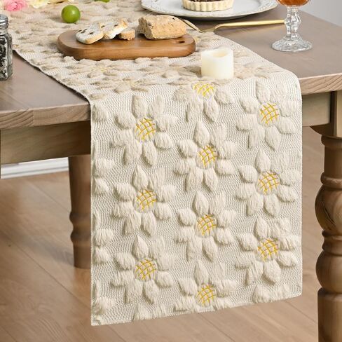 Artoid Mode Beige Soft Plush Faux Fur Jacquard Embroidery Sunflower Spring Table Runner, Kitchen Dining Table Decoration for Home Party Decor 13x72 Inch in Kuwait