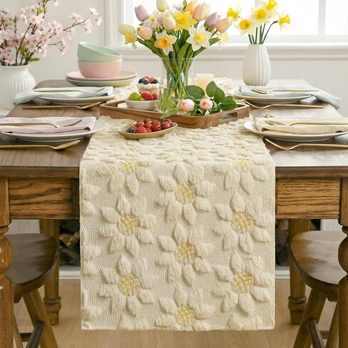 Artoid Mode Beige Soft Plush Faux Fur Jacquard Embroidery Sunflower Spring Table Runner, Kitchen Dining Table Decoration for Home Party Decor 13x72 Inch in Kuwait