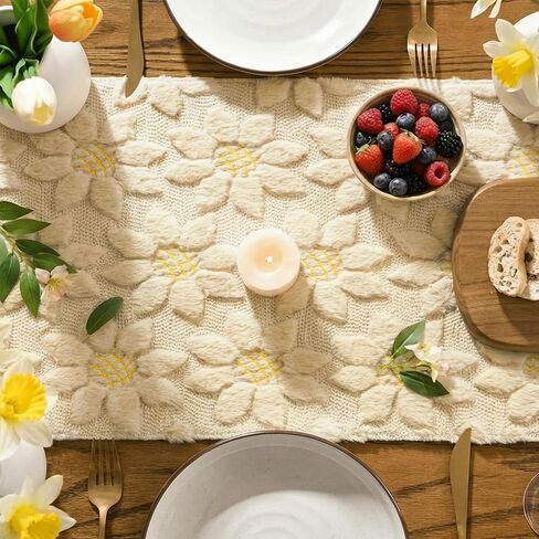 Artoid Mode Beige Soft Plush Faux Fur Jacquard Embroidery Sunflower Spring Table Runner, Kitchen Dining Table Decoration for Home Party Decor 13x72 Inch in Kuwait