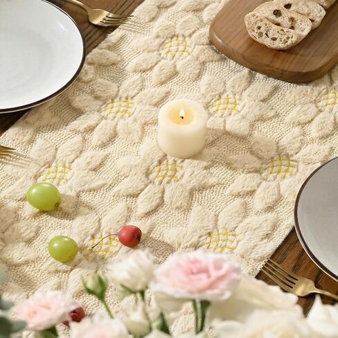 Artoid Mode Beige Soft Plush Faux Fur Jacquard Embroidery Sunflower Spring Table Runner, Kitchen Dining Table Decoration for Home Party Decor 13x72 Inch in Kuwait