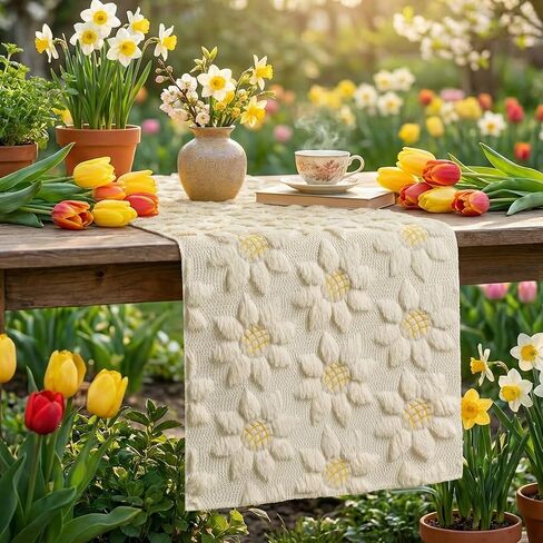 Artoid Mode Beige Soft Plush Faux Fur Jacquard Embroidery Sunflower Spring Table Runner, Kitchen Dining Table Decoration for Home Party Decor 13x72 Inch in Kuwait