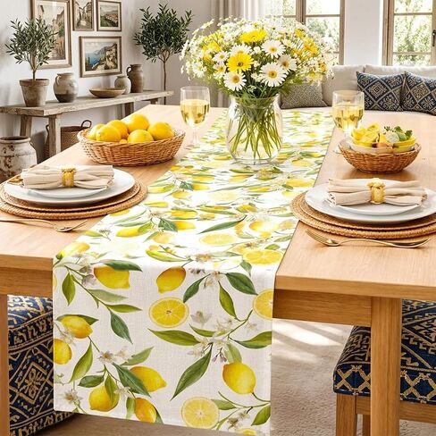 Lemon Table Runner - 13 x 72 Inch Summer Table Runner for Summer Party Decor, Linen Summer Table Runner with Lemon Decorations for Dining, Picnic, and Outdoor Events in Kuwait