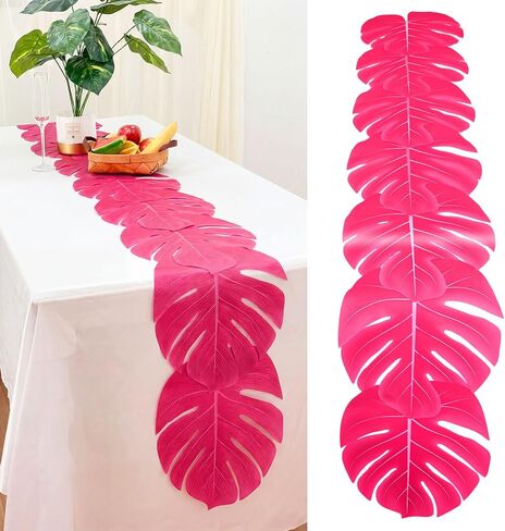 Yinder 4 Pcs Hot Pink Artificial Palm Leaves Table Runners 72 Inch Tropical Palm Leaves Monstera Decoration Faux Leaf Table Cloth for Hawaiian Luau Party Summer Beach Tropical Wedding Birthday Decor in Kuwait