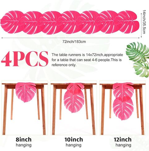 Yinder 4 Pcs Hot Pink Artificial Palm Leaves Table Runners 72 Inch Tropical Palm Leaves Monstera Decoration Faux Leaf Table Cloth for Hawaiian Luau Party Summer Beach Tropical Wedding Birthday Decor in Kuwait