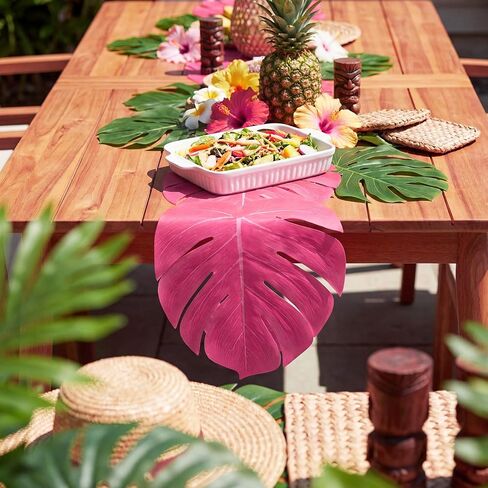 Yinder 4 Pcs Hot Pink Artificial Palm Leaves Table Runners 72 Inch Tropical Palm Leaves Monstera Decoration Faux Leaf Table Cloth for Hawaiian Luau Party Summer Beach Tropical Wedding Birthday Decor in Kuwait