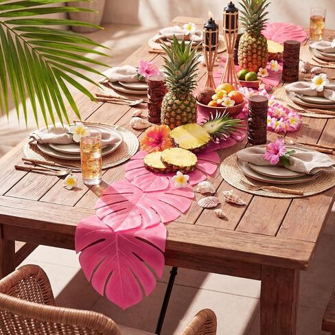 Yinder 4 Pcs Hot Pink Artificial Palm Leaves Table Runners 72 Inch Tropical Palm Leaves Monstera Decoration Faux Leaf Table Cloth for Hawaiian Luau Party Summer Beach Tropical Wedding Birthday Decor in Kuwait