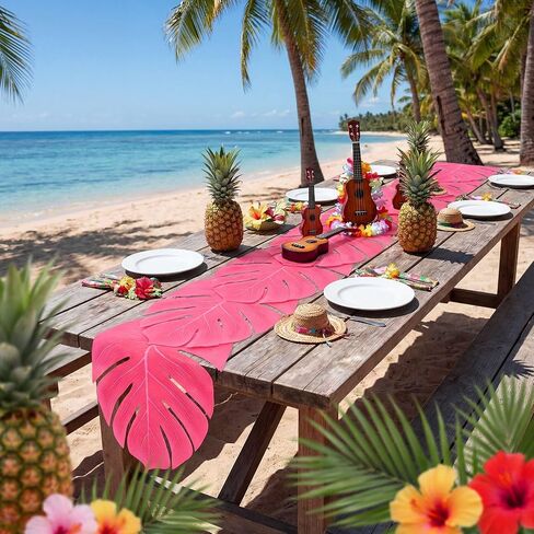 Yinder 4 Pcs Hot Pink Artificial Palm Leaves Table Runners 72 Inch Tropical Palm Leaves Monstera Decoration Faux Leaf Table Cloth for Hawaiian Luau Party Summer Beach Tropical Wedding Birthday Decor in Kuwait