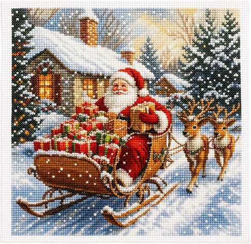 Zhenqing Santa's Sleigh Ride Cross Stitch Kit - 11CT Pre-Printed 40x40cm Fabric with Threads & Needle (No Hoop Needed)(70240) in Saudi Arabia