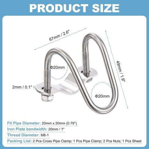 HARFINGTON 2pcs Cross Pipe Clamp 20mm x 20mm (0.79") M6 304 Stainless Steel U-Shaped Tube Buckle Crossover Steel Pipe Connector for Farm Greenhouse Awning Frames Nursery Fence in Kuwait