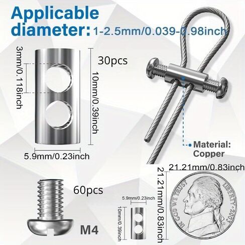 30pcs Stainless Steel Wire Rope Clamps with Screws - Double Hole Cable Crimping Ring Accessories, Adjustable and Reusable, Ideal for 1-2.5mm Steel Wires, Industrial Suspension and Secure Fastening in Kuwait